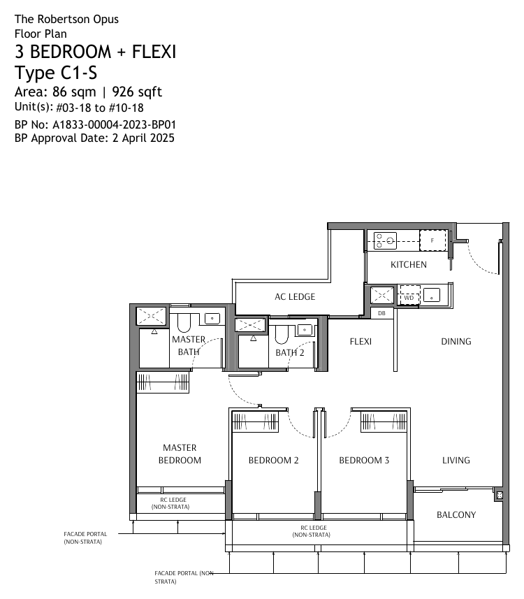 Type C1-S · 3-Bedroom + Flexi